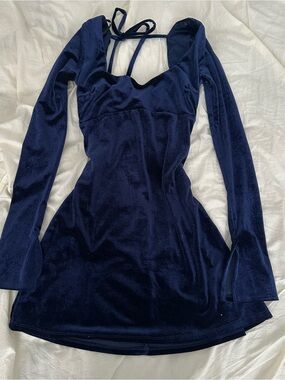 B. Smart Navy Velvet Long-Sleeve Mini with Tie Back